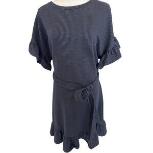 H&M Black Waffle-Knit Ruffle-Sleeve Belted Dress H&M Size L